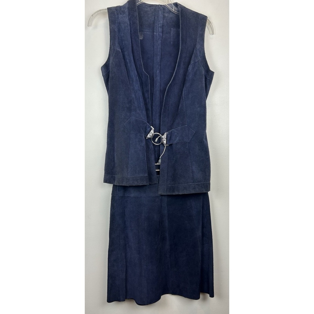 Vintage Suede Skirt Jacket Leather Set Y2K Blue Vest Retro 70s 60s Rock Boho